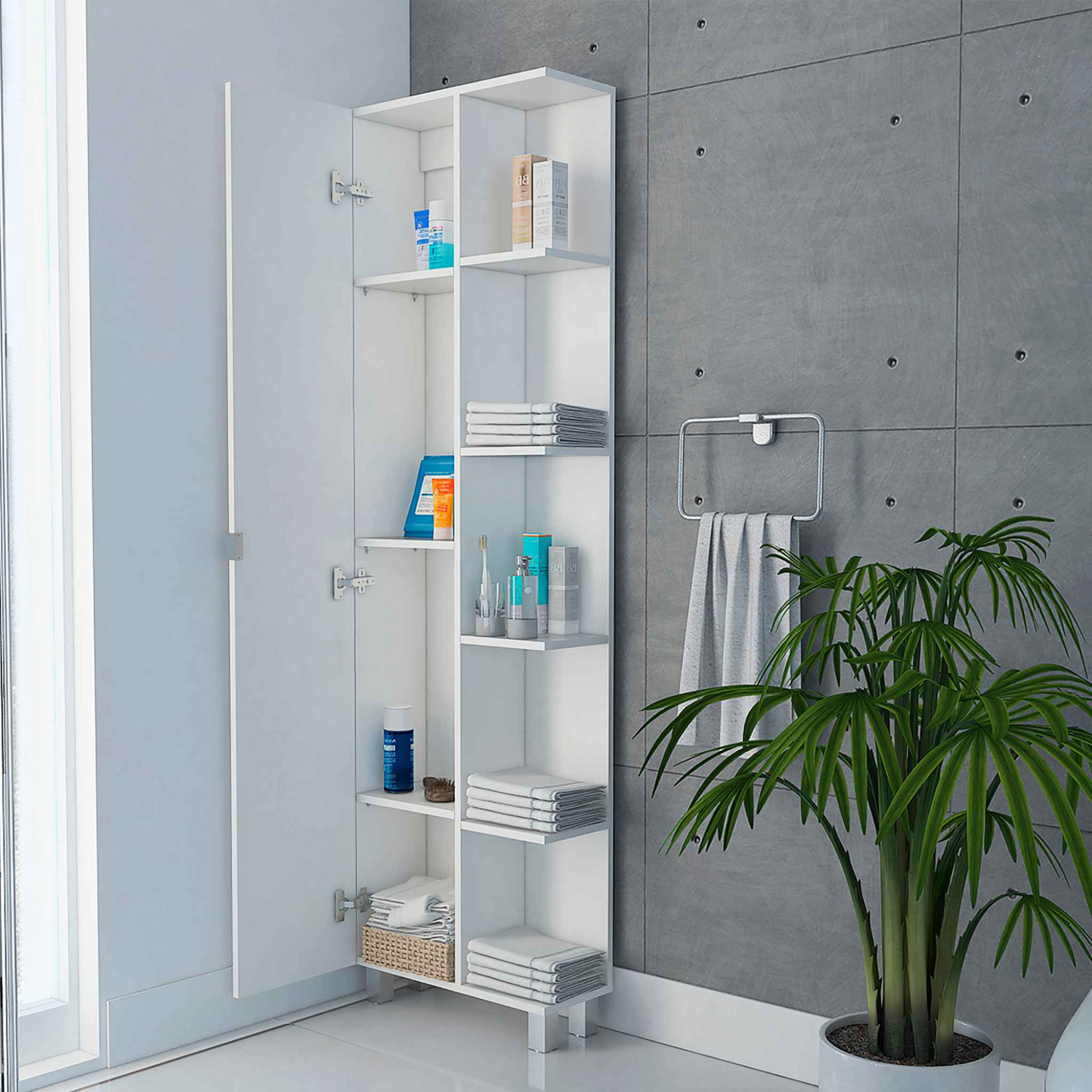Venus Corner Linen Single Door Cabinet, Five External Shelves, Four Interior Shelves