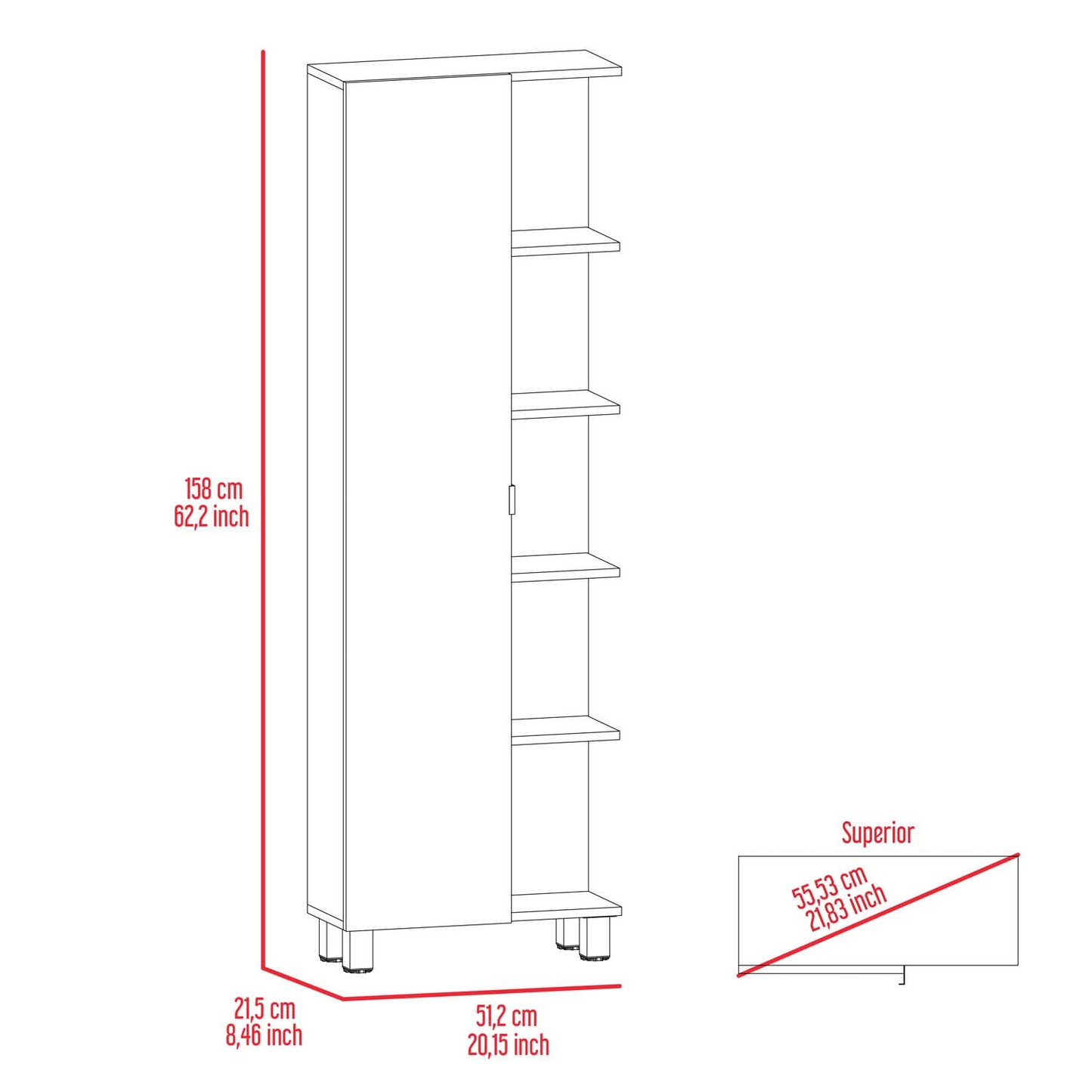 Venus Corner Linen Single Door Cabinet, Five External Shelves, Four Interior Shelves