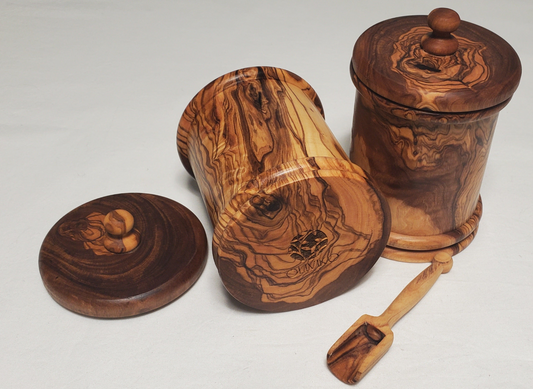 OLIVIKO Handmade Olive Wood Salt, Sugar, Tea, Pepper, box, Spice Box, Spices Container + free small spoon