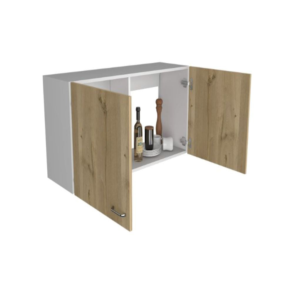 Wall Cabinet Toran, Two Shelves, Double Door, White / Light Oak Finish