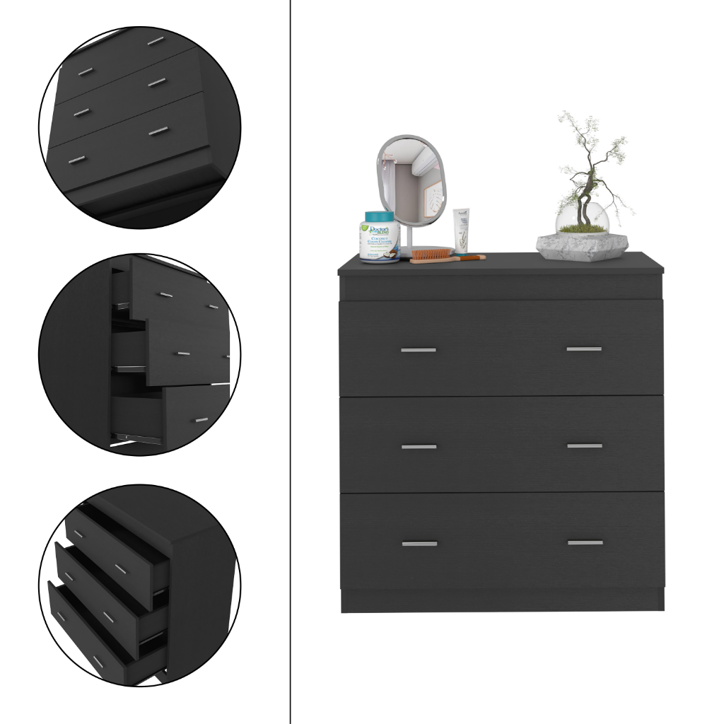 Three Drawer Dresser Litress, Metal Handles, Black Wengue Finish
