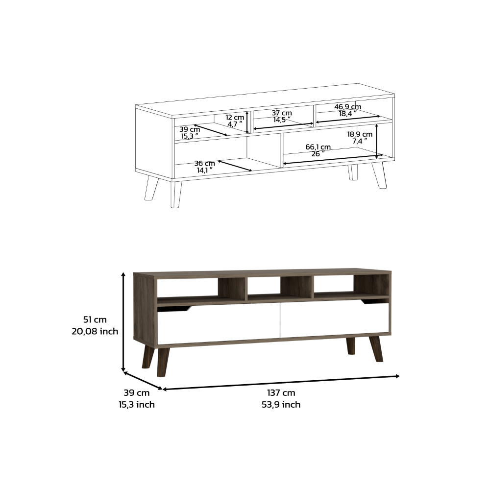 Tv Stand 2.0 For TV´s up 52" Bull, Three Open Shelves,Two Drawers, Dark Brown / White Finish