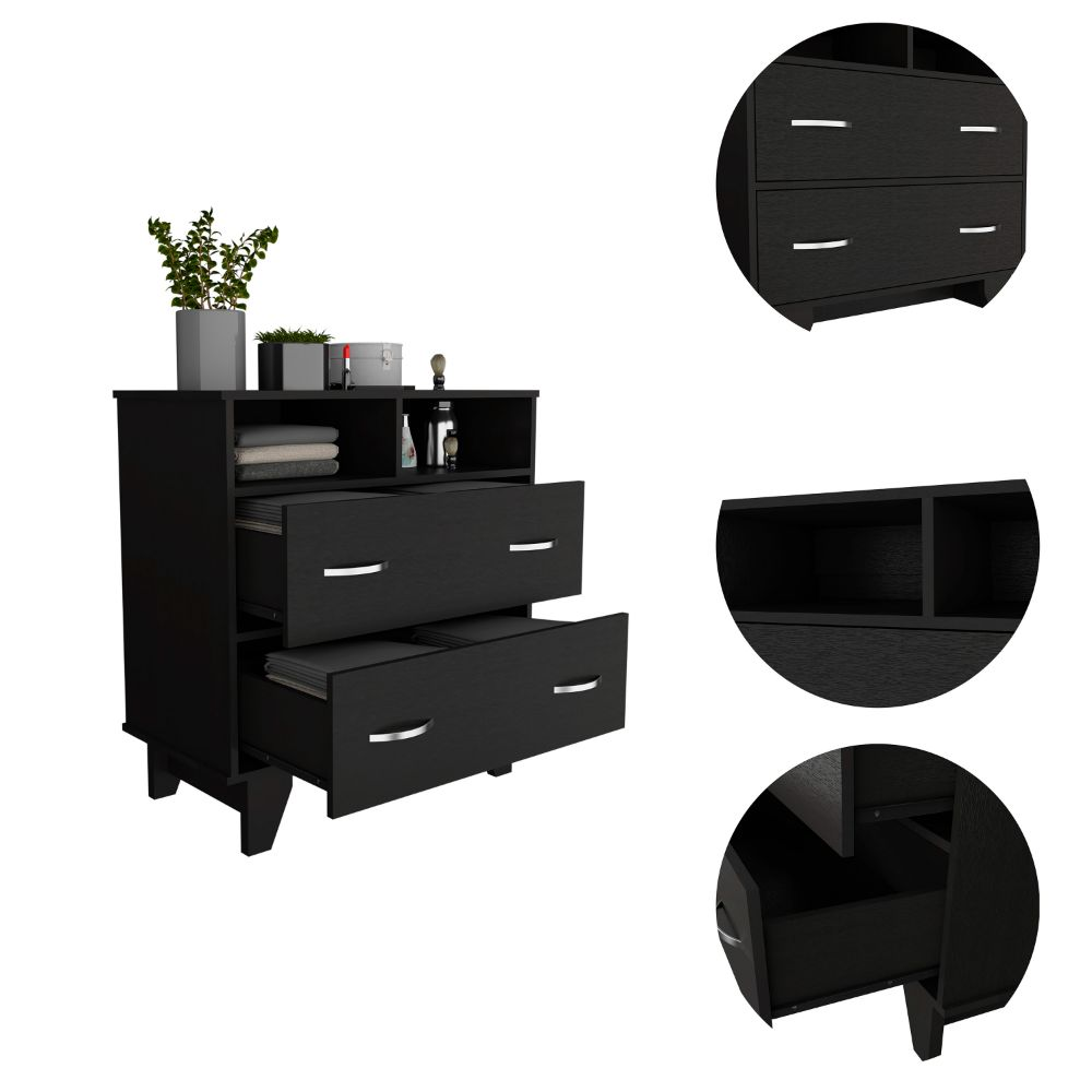 Double Drawer Dresser Arabi, Two Shelves, Black Wengue Finish