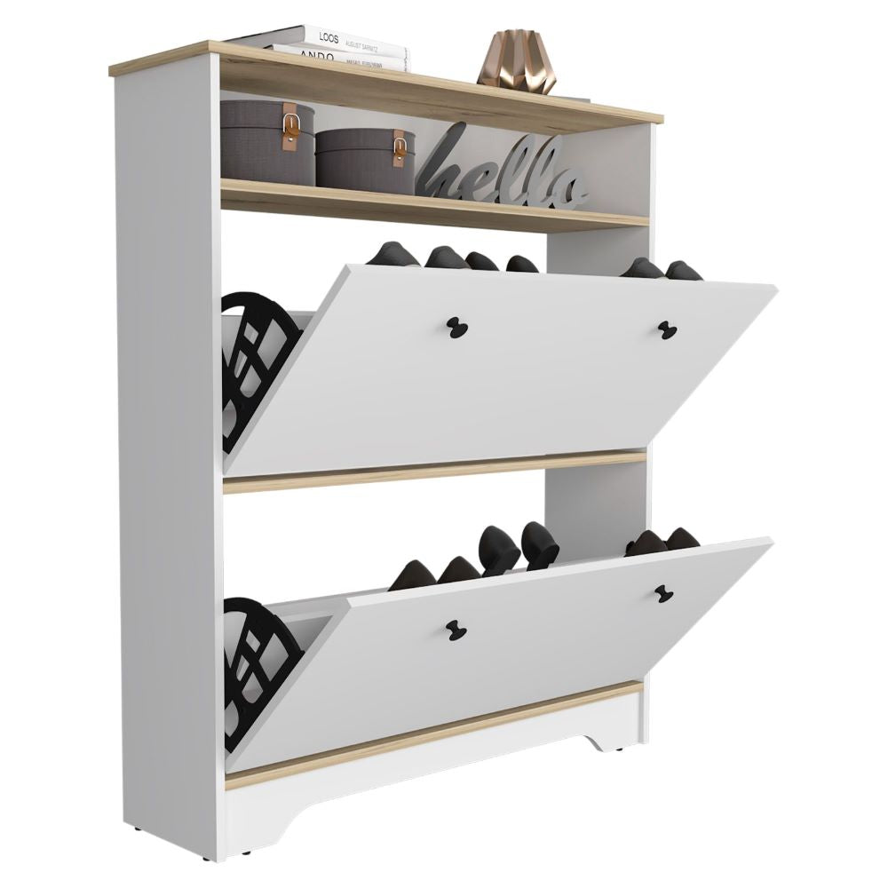 Shoe Rack Dublin, One Open Shelf, Two Extendable Cabinets, Light Oak / White Finish