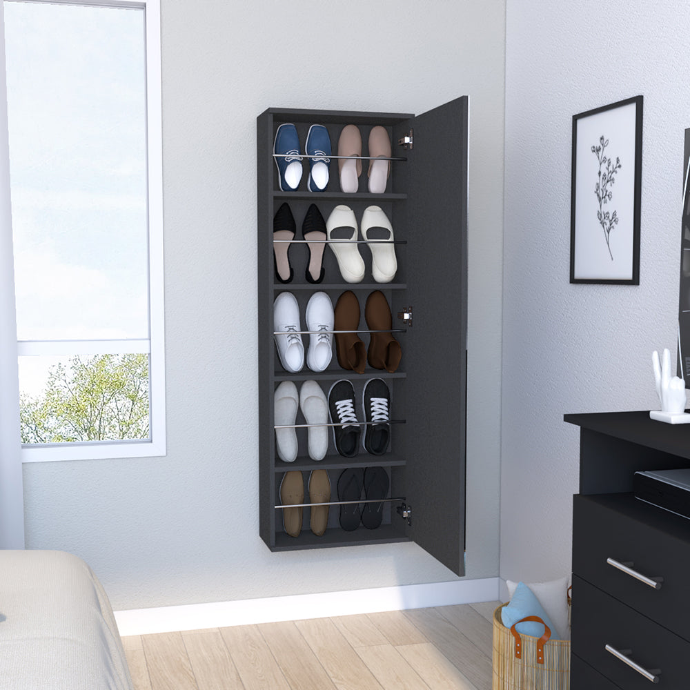 Wall Mounted Shoe Rack With Mirror Chimg, Single Door, Black Wengue Finish