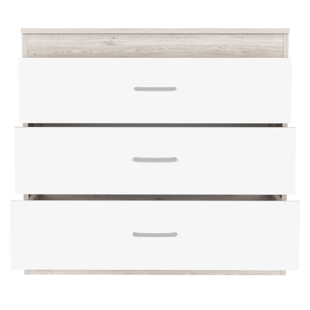 Three Drawer Dresser Lial, Superior Top, Metal Hardware, Light Gray / White Finish