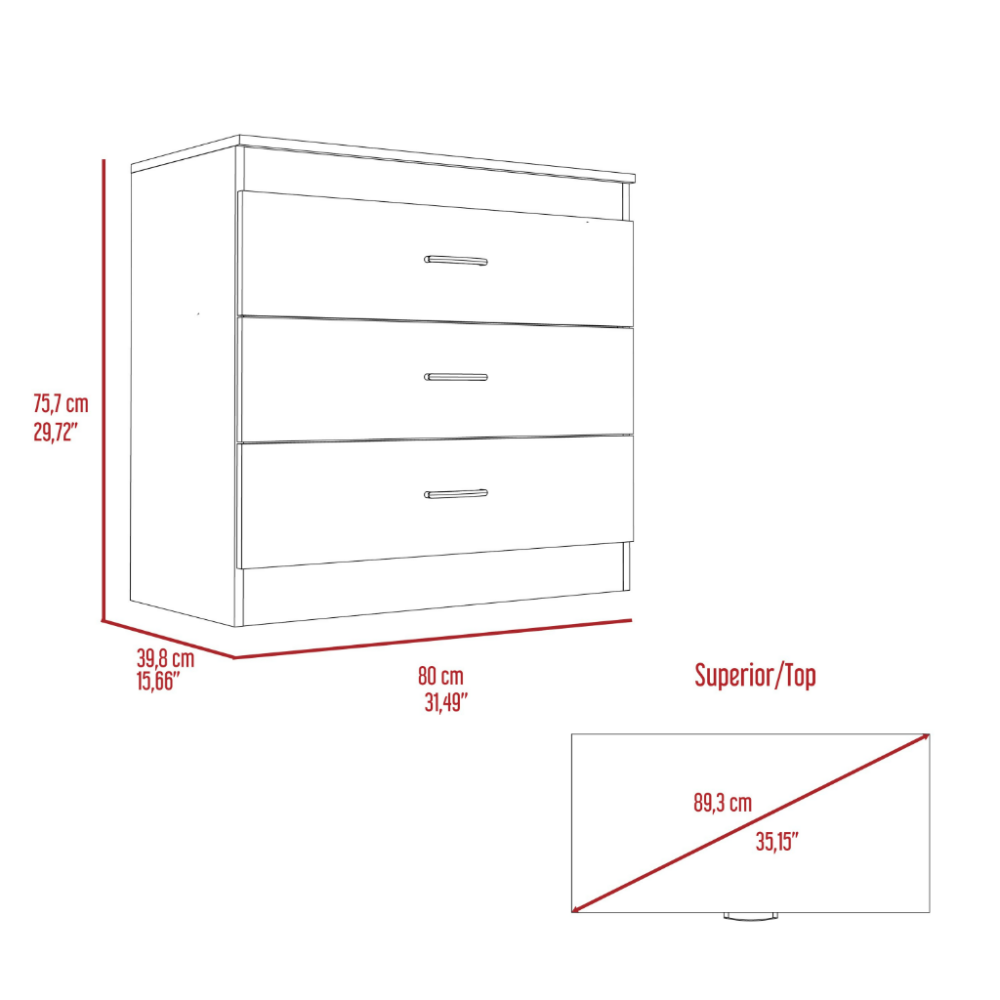 Three Drawer Dresser Lial, Superior Top, Metal Hardware, Light Gray / White Finish
