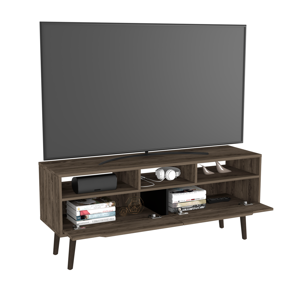 Tv Stand for TV´s up 52" Bull, Three Open Shelves, Two Flexible Drawers, Dark Walnut Finish