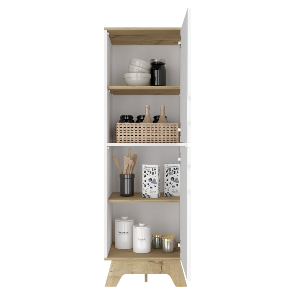 Single Kitchen Pantry Wallas, Four Shelves, Two Doors, Light Oak / White Finish