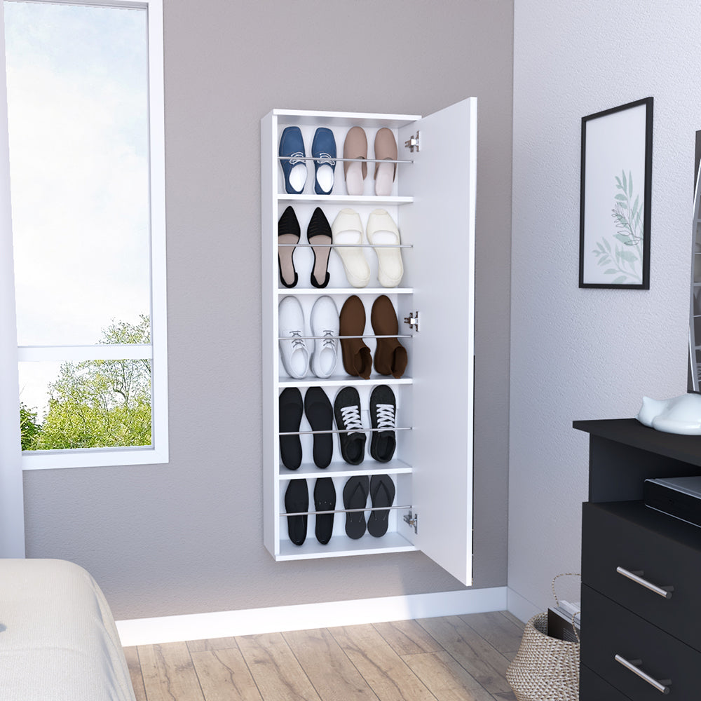 Wall Mounted Shoe Rack With Mirror Chimg, Single Door, White Finish