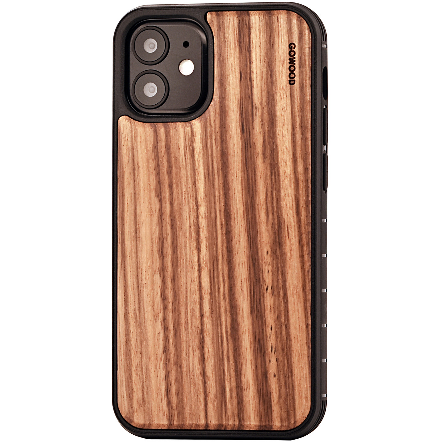 iPhone 12 Mini wood case zebra backside with TPU bumper and black PC
