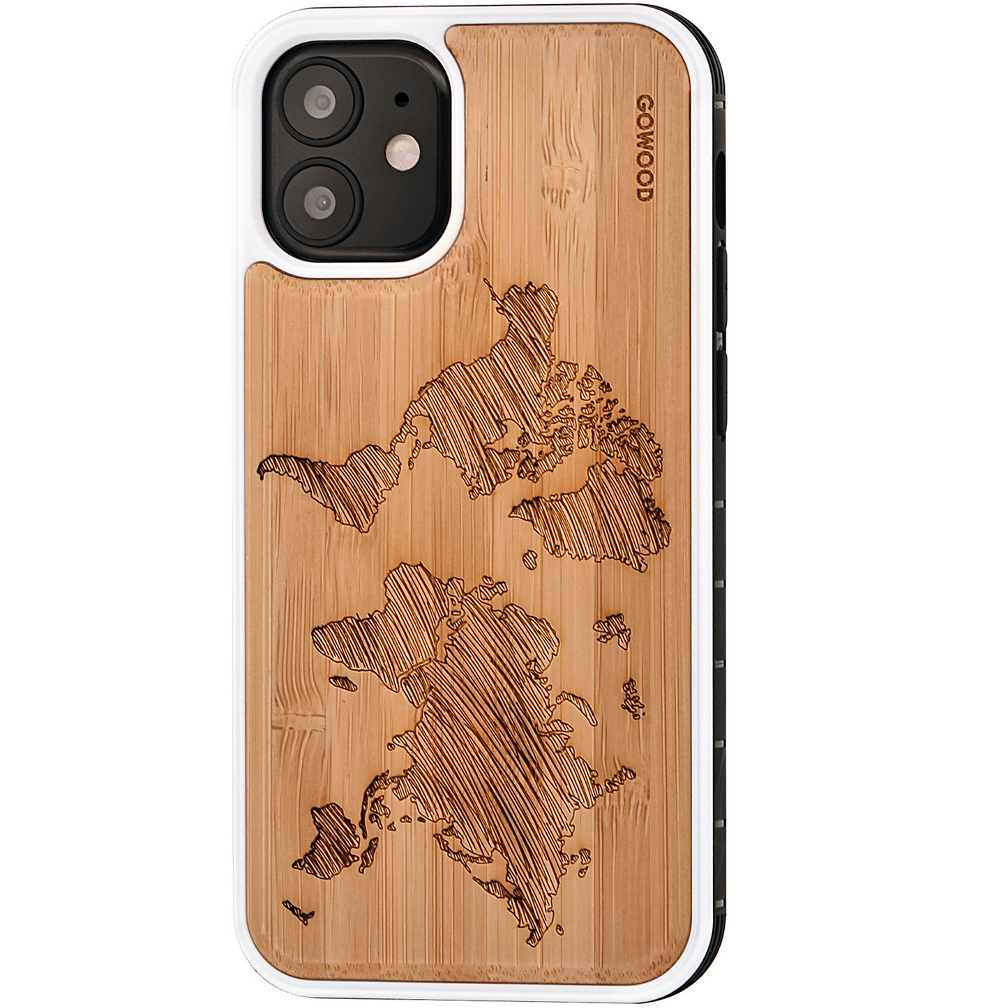 iPhone 12 Mini wood case world map engraved bamboo backside with TPU bumper