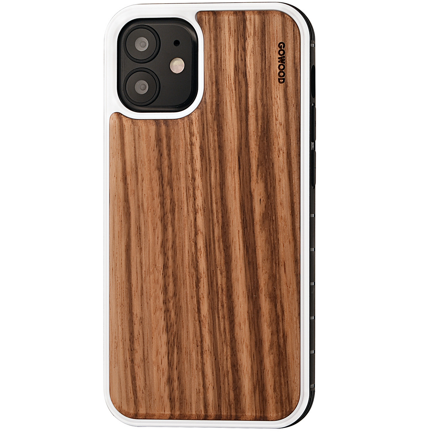 iPhone 12 Mini wood case zebra backside with TPU bumper and white PC
