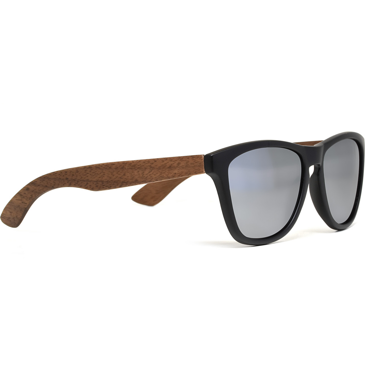 Classic walnut wood sunglasses with silver mirrored polarized lenses