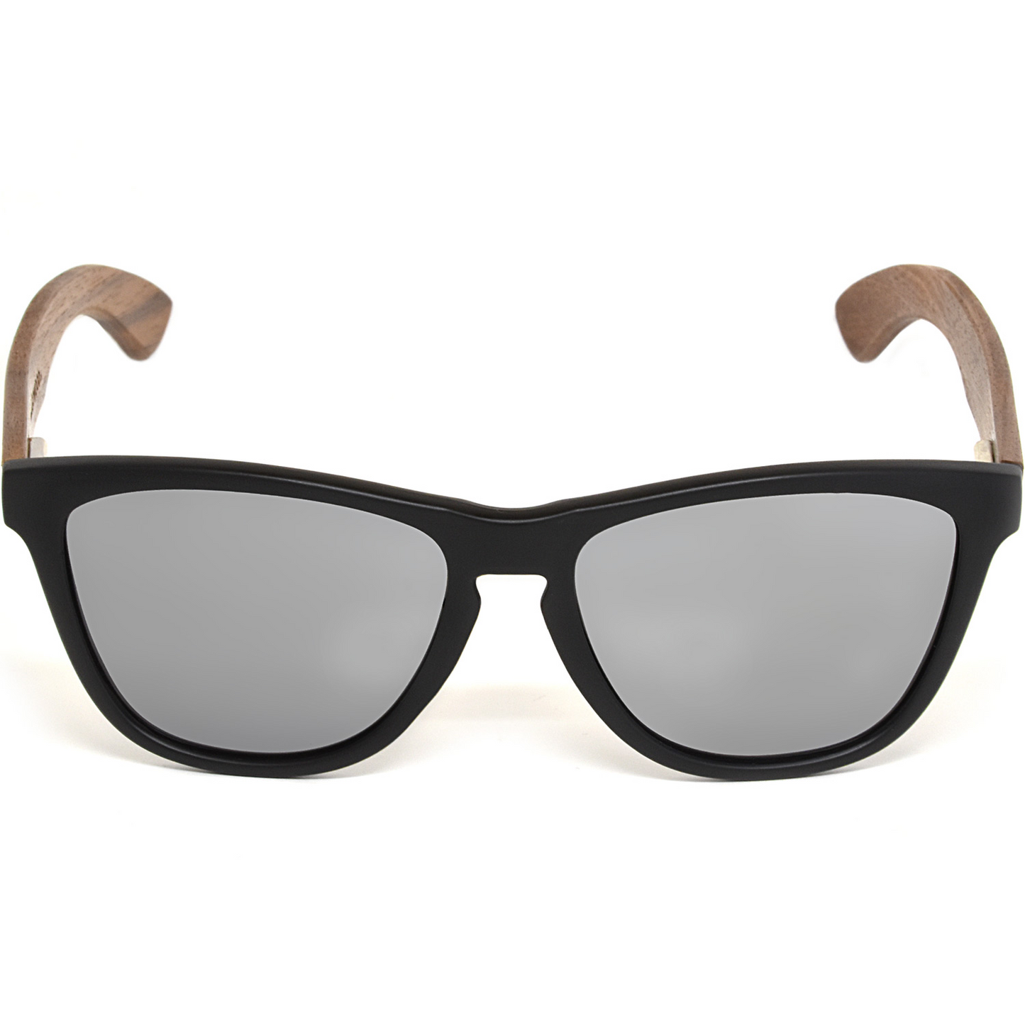 Classic walnut wood sunglasses with silver mirrored polarized lenses