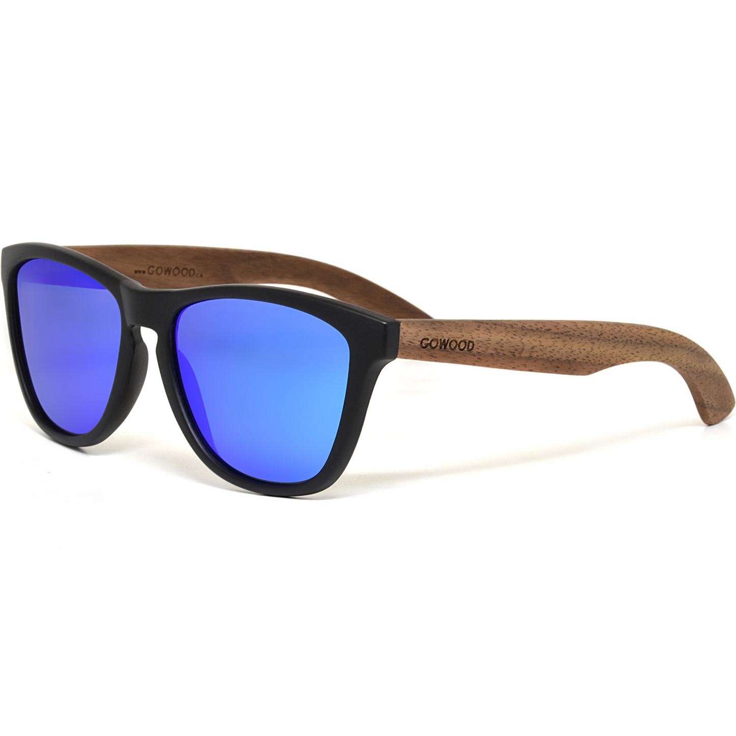 Classic walnut wood sunglasses with blue mirrored polarized lenses