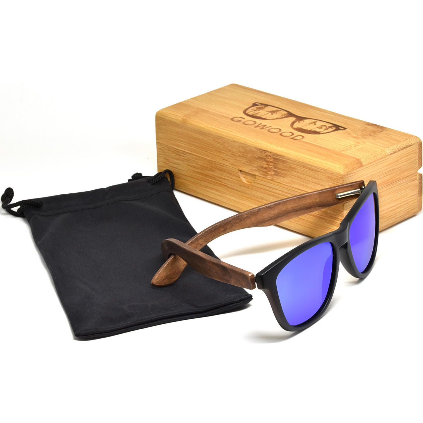 Classic walnut wood sunglasses with blue mirrored polarized lenses