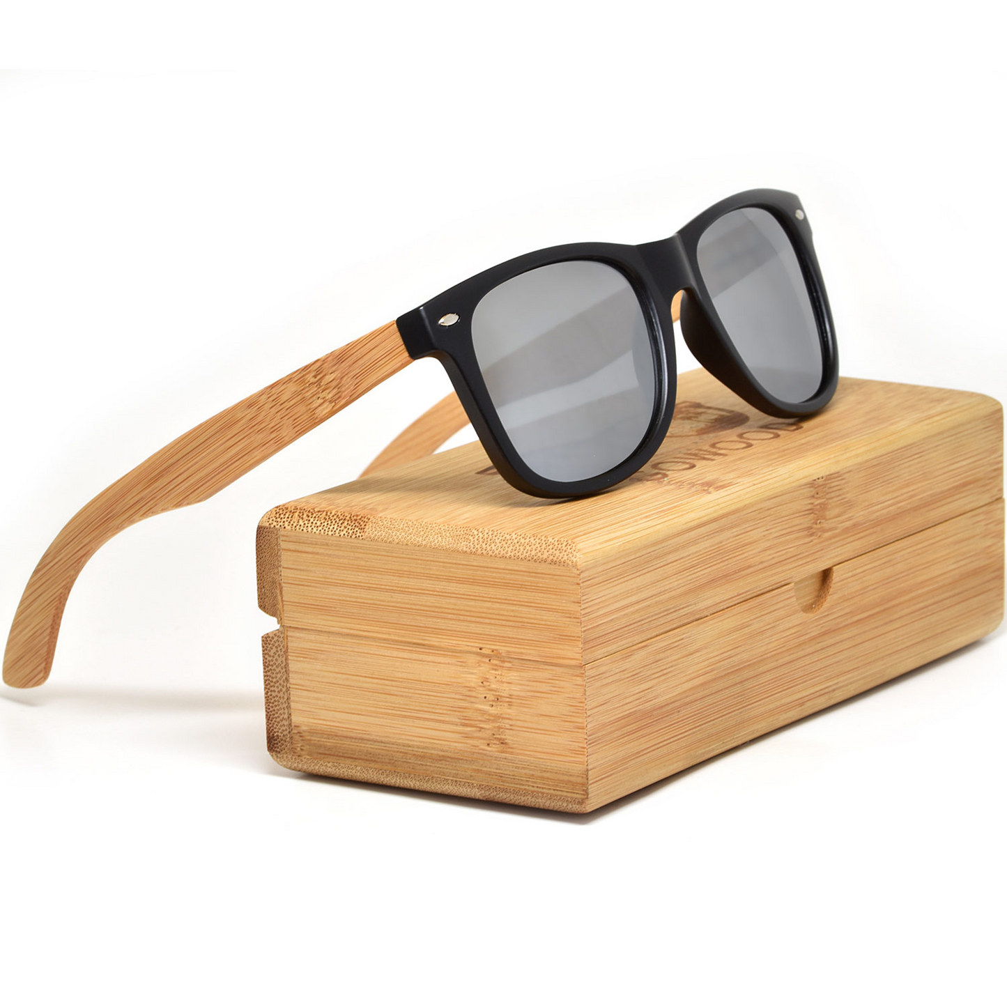 Bamboo wood classic style sunglasses with silver mirrored polarized lenses