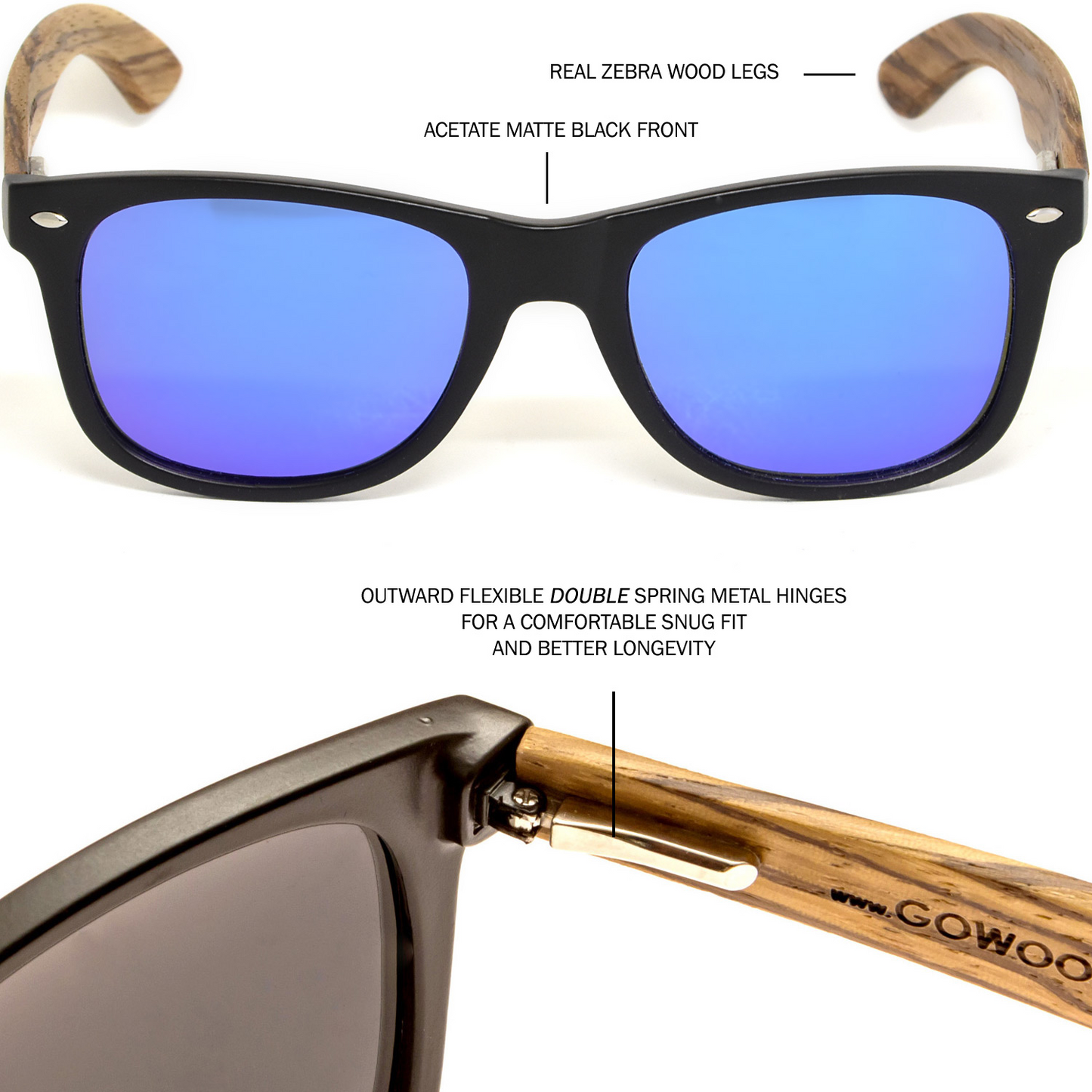 Zebra wood classic style sunglasses with blue mirrored polarized lenses