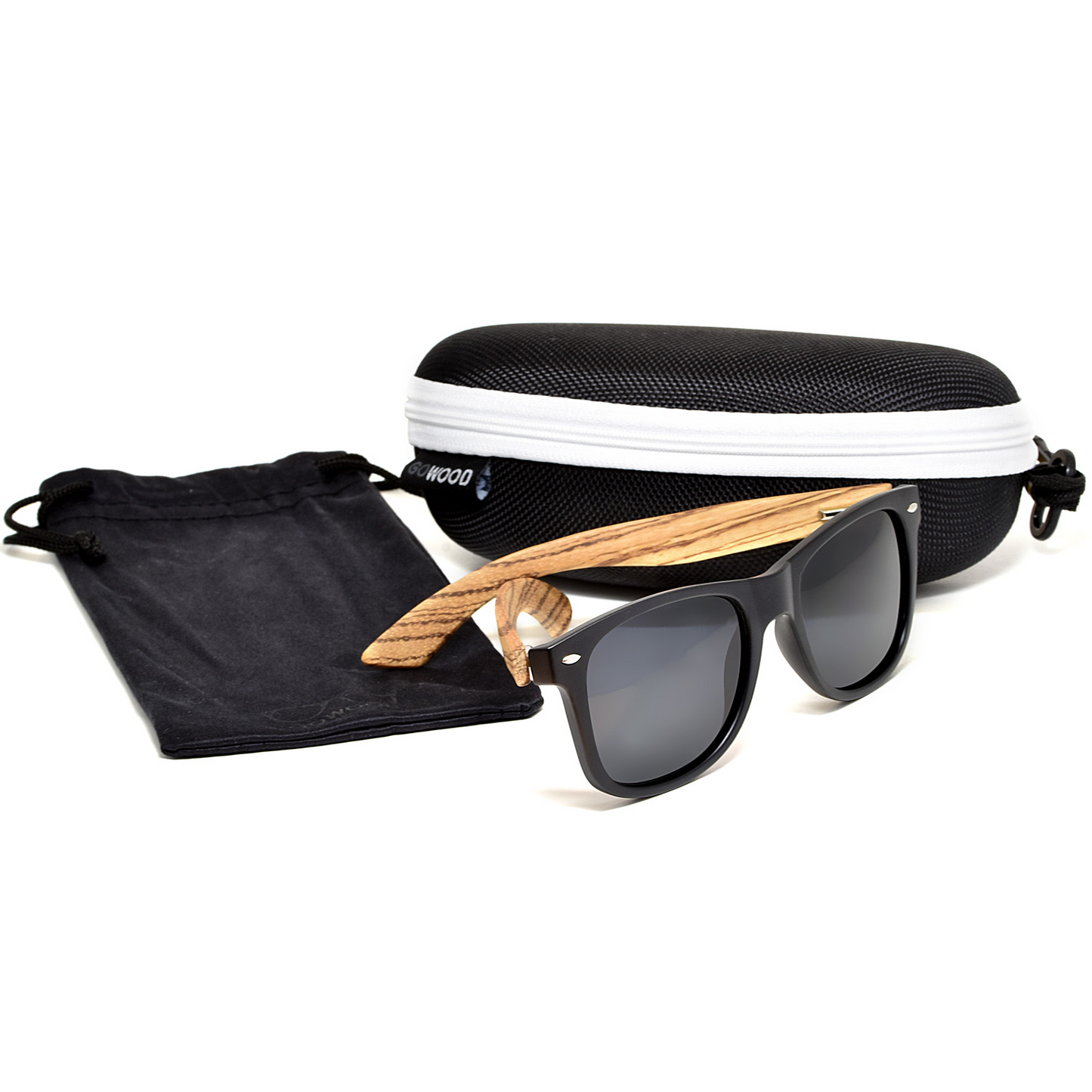 Zebra wood classic style sunglasses with black polarized lenses