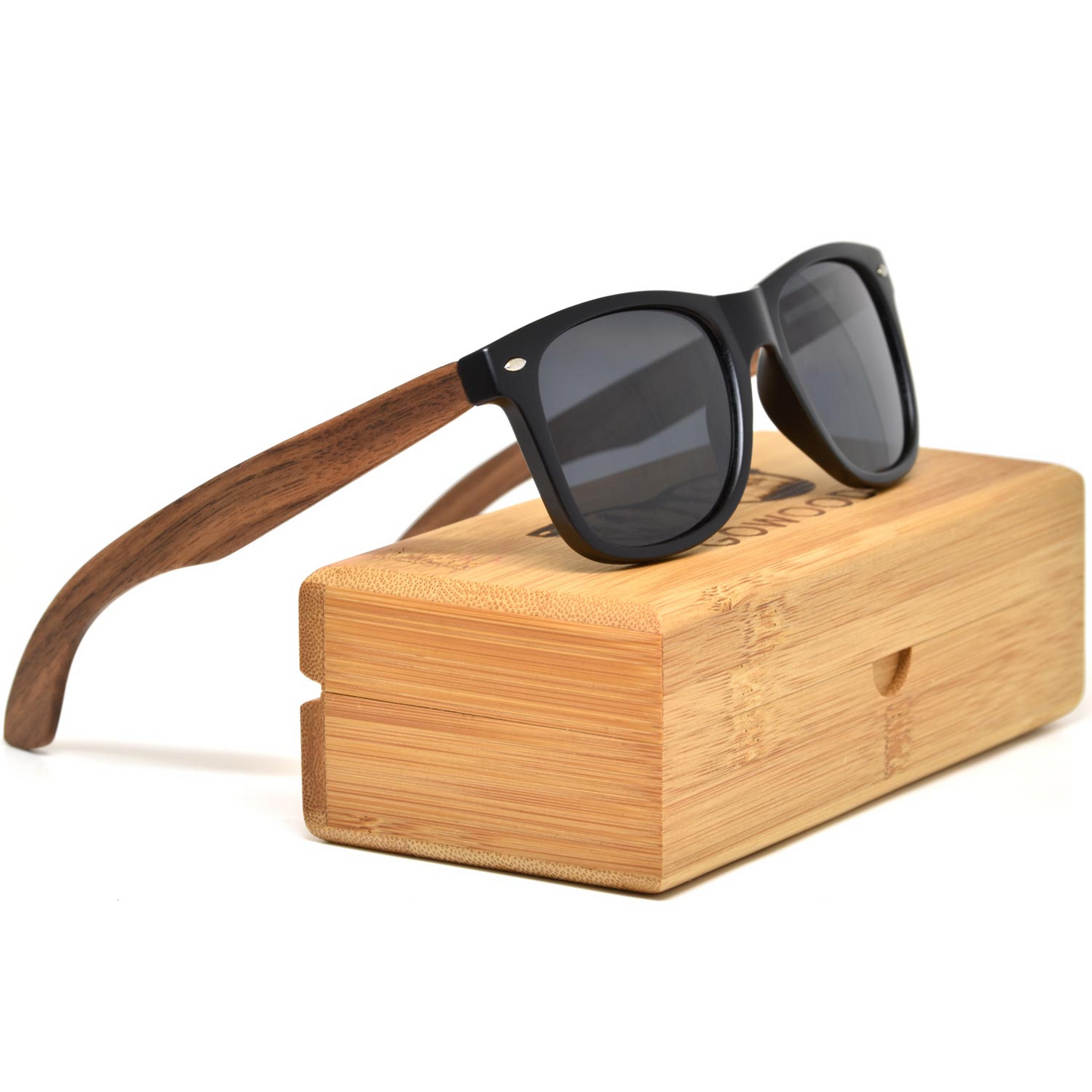 Walnut wood classic style sunglasses with black polarized lenses