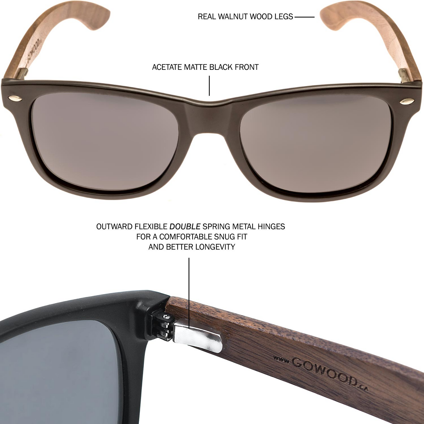 Walnut wood classic style sunglasses with black polarized lenses