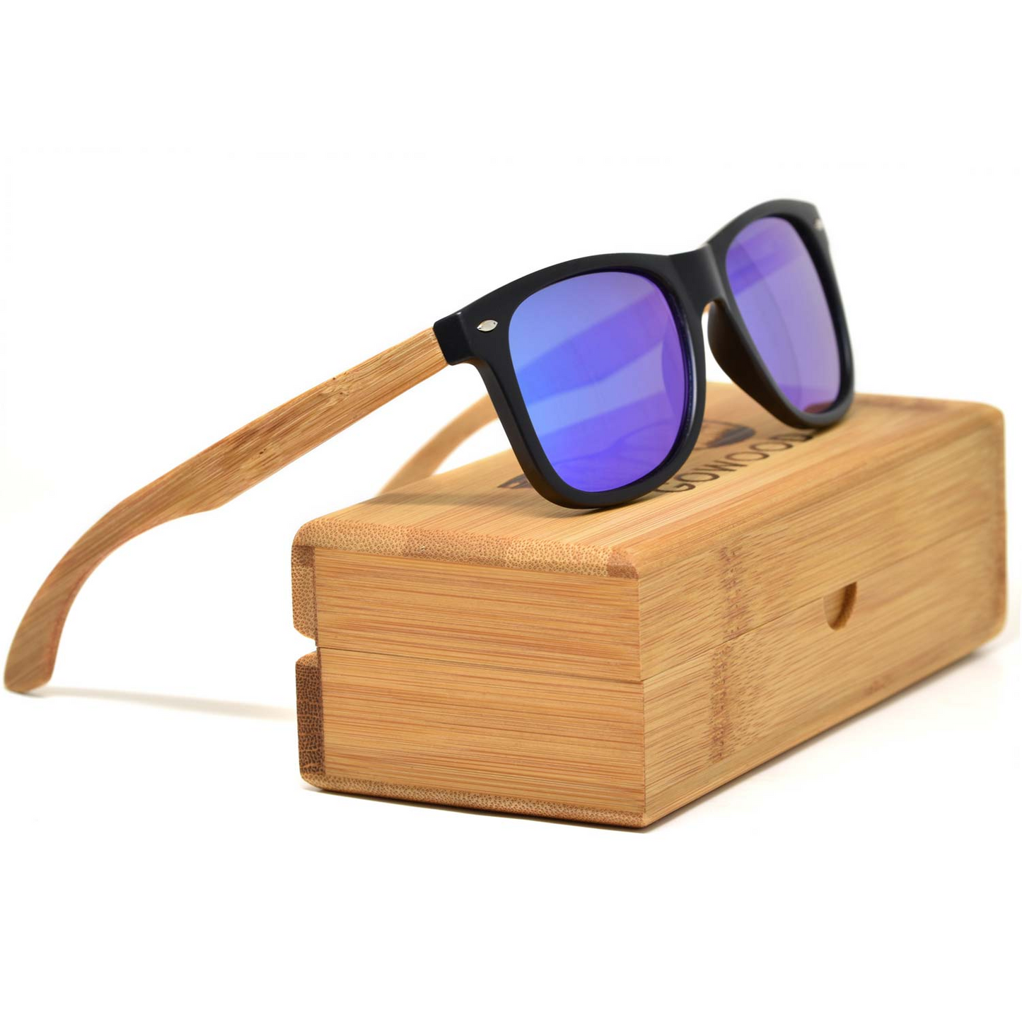 Bamboo wood classic style sunglasses with blue mirrored polarized lenses