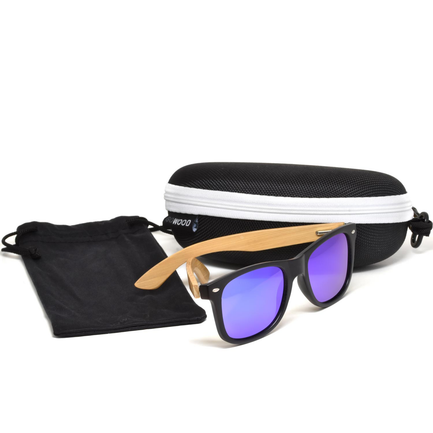 Bamboo wood classic style sunglasses with blue mirrored polarized lenses