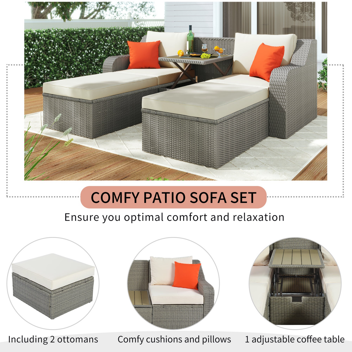 U_STYLE Patio Furniture Sets, 3-Piece Patio Wicker Sofa with  Cushions, Pillows, Ottomans and Lift Top Coffee Table