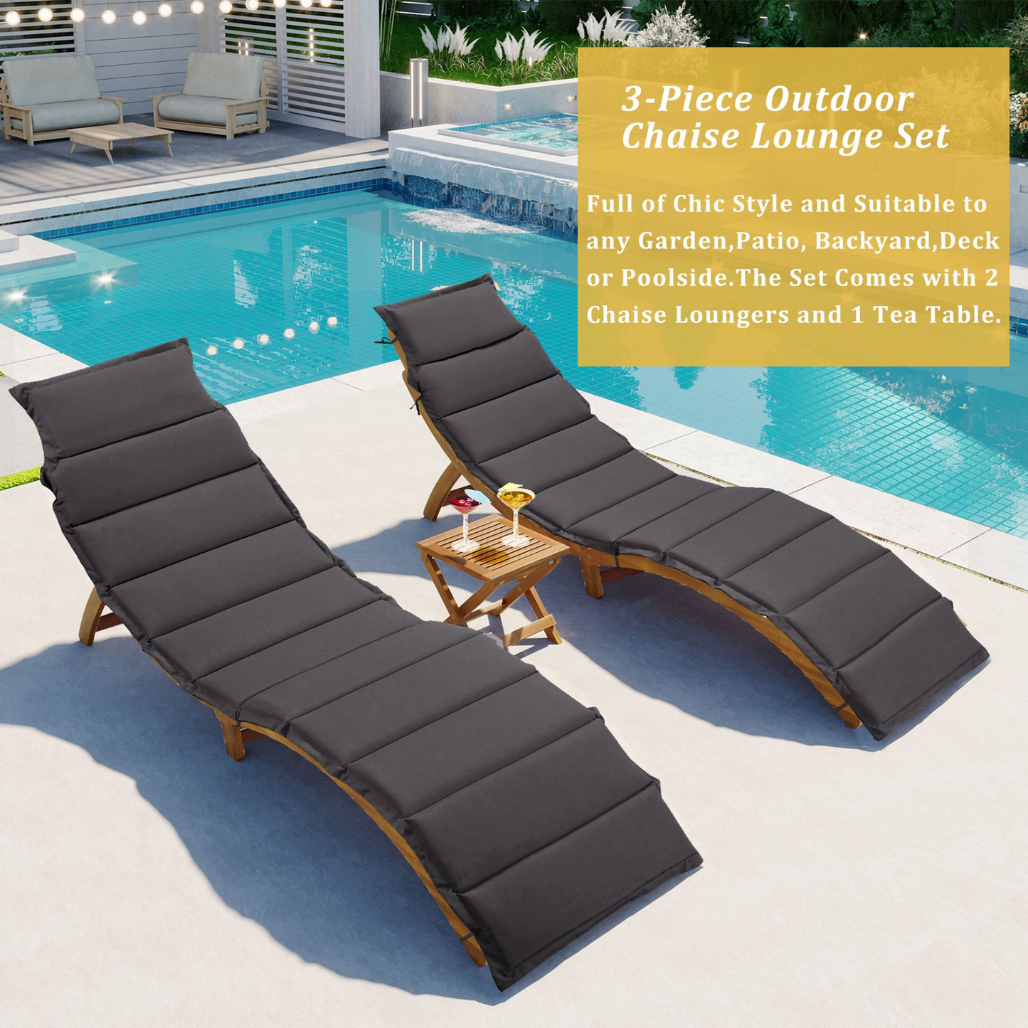 TOPMAX Outdoor Patio Wood Portable Extended Chaise Lounge Set with Foldable Tea Table for Balcony, Poolside, Garden, Brown Finish+Dark Gray Cushion
