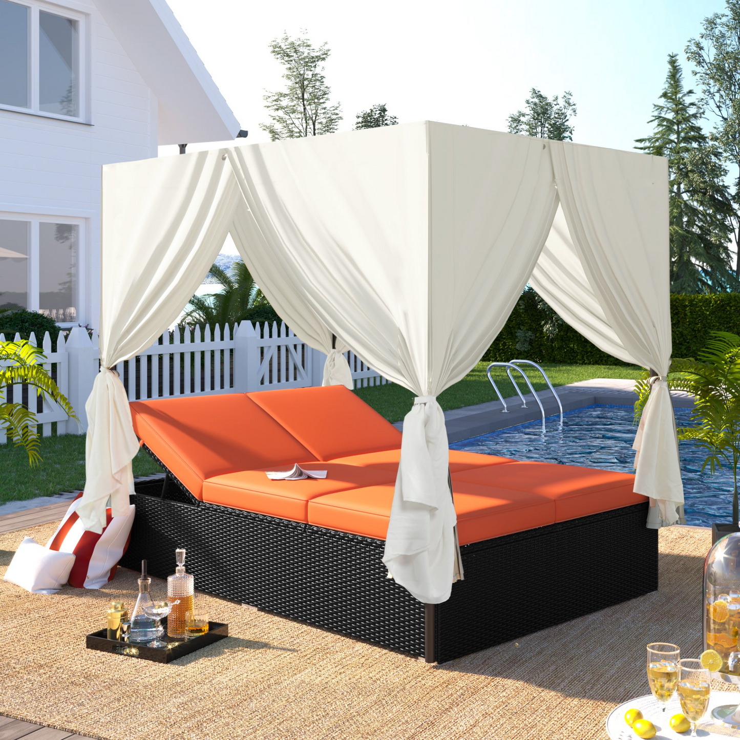 U_STYLE Outdoor Patio Wicker Sunbed Daybed with Cushions, Adjustable Seats