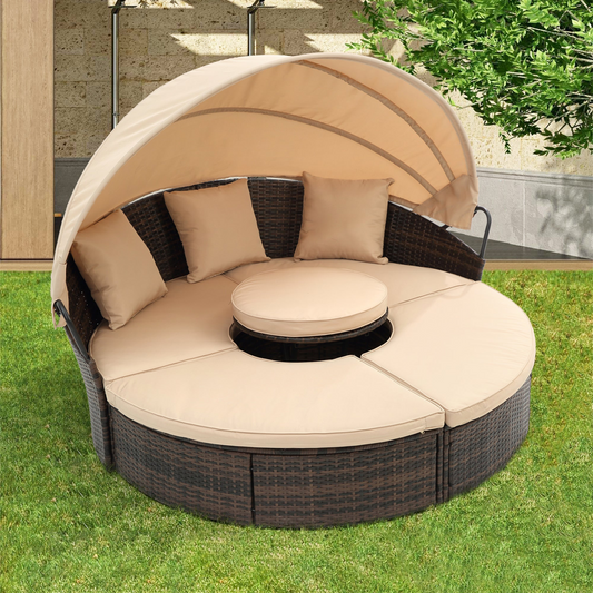 TOPMAX Rattan Round Lounge with Canopy and Lift Coffee Table