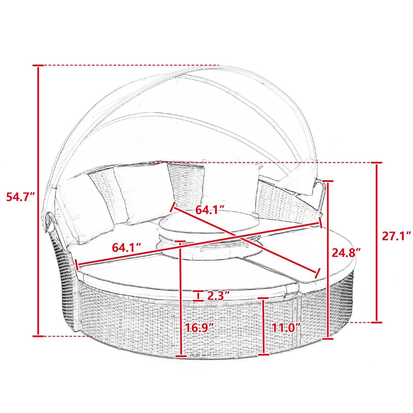 TOPMAX Rattan Round Lounge with Canopy and Lift Coffee Table