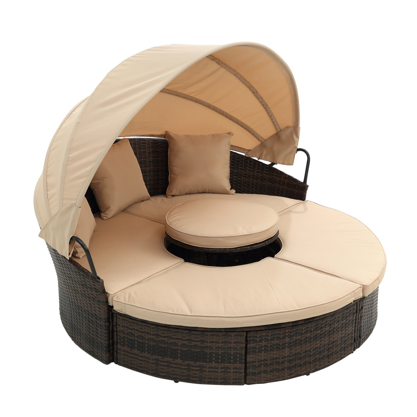 TOPMAX Rattan Round Lounge with Canopy and Lift Coffee Table