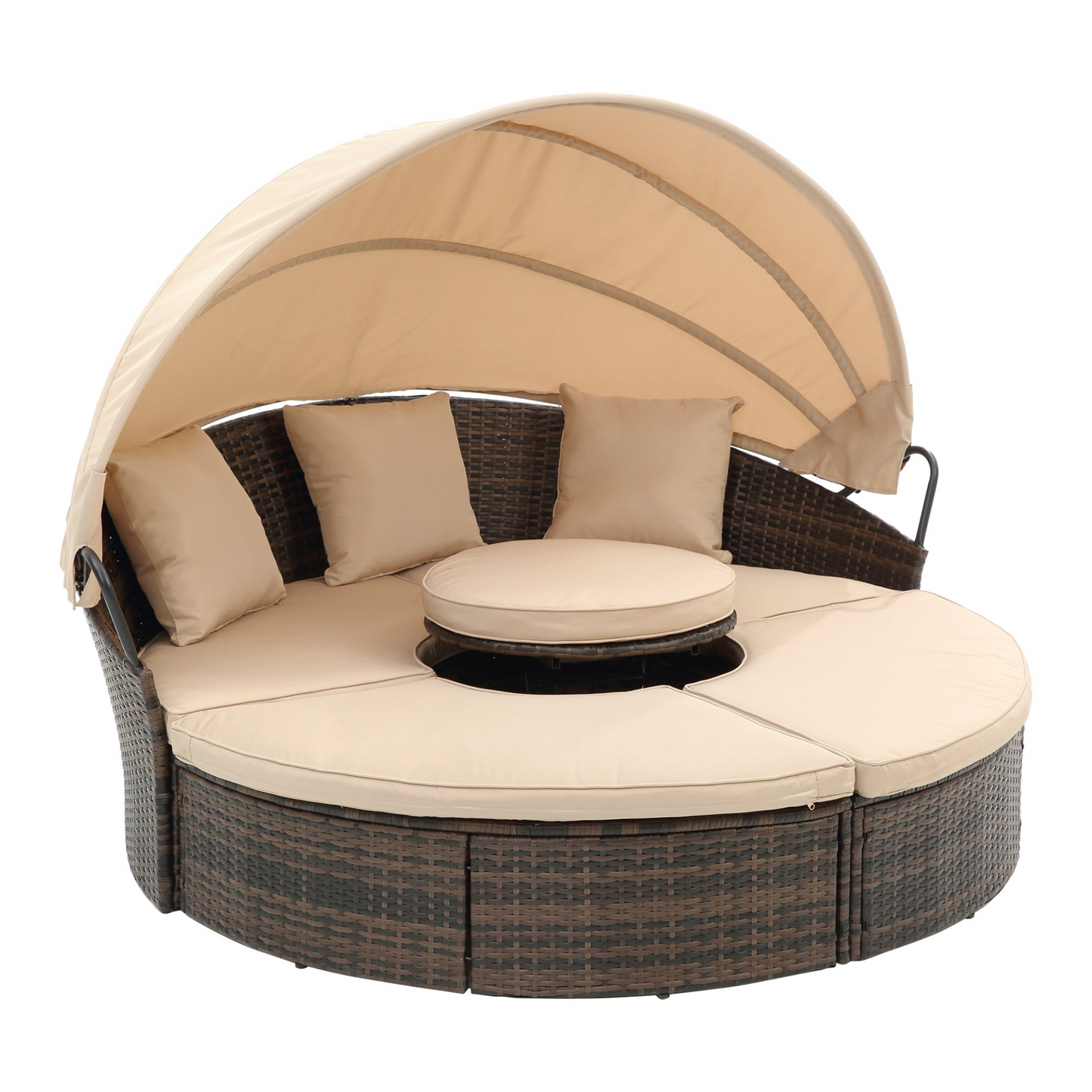 TOPMAX Rattan Round Lounge with Canopy and Lift Coffee Table