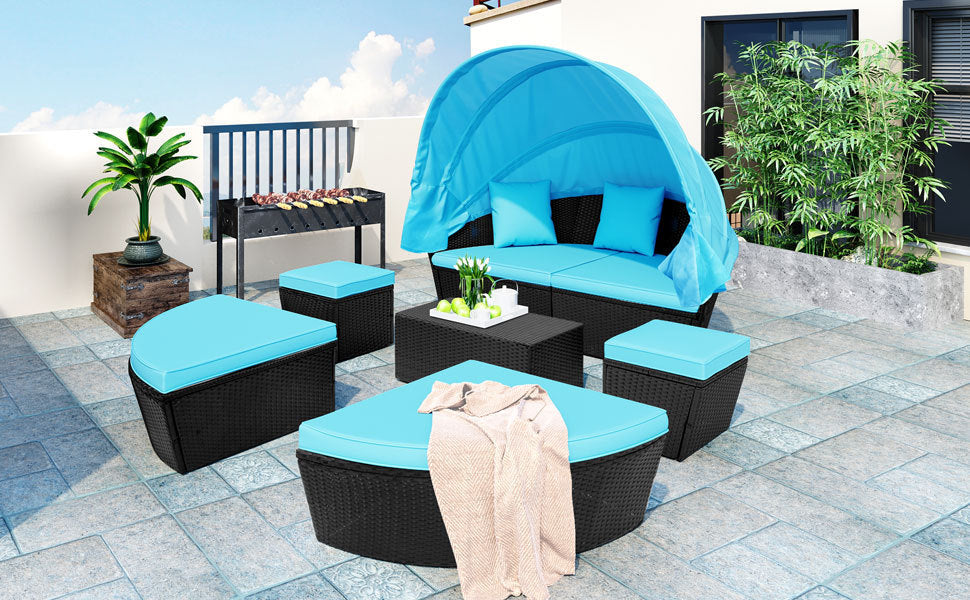 TOPMAX Outdoor Rattan Daybed Sunbed with Canopy, Round Sectional Sofa Set (Blue)