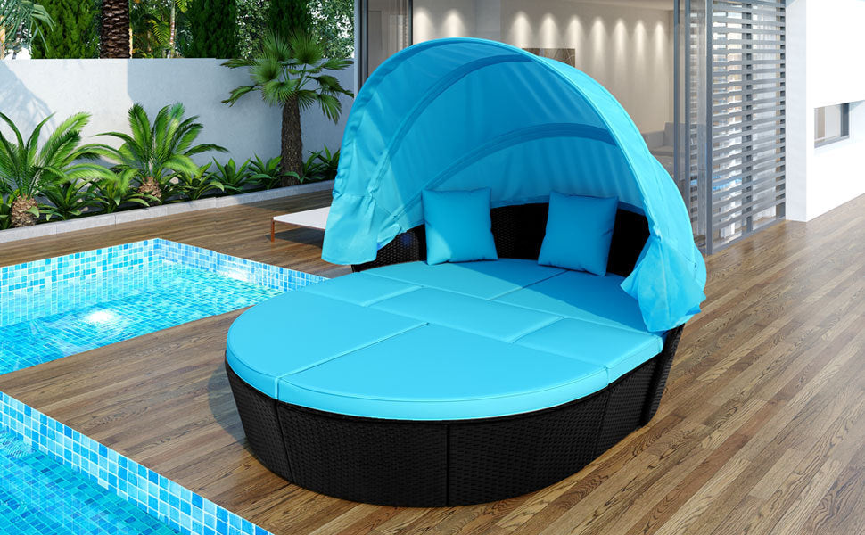 TOPMAX Outdoor Rattan Daybed Sunbed with Canopy, Round Sectional Sofa Set (Blue)