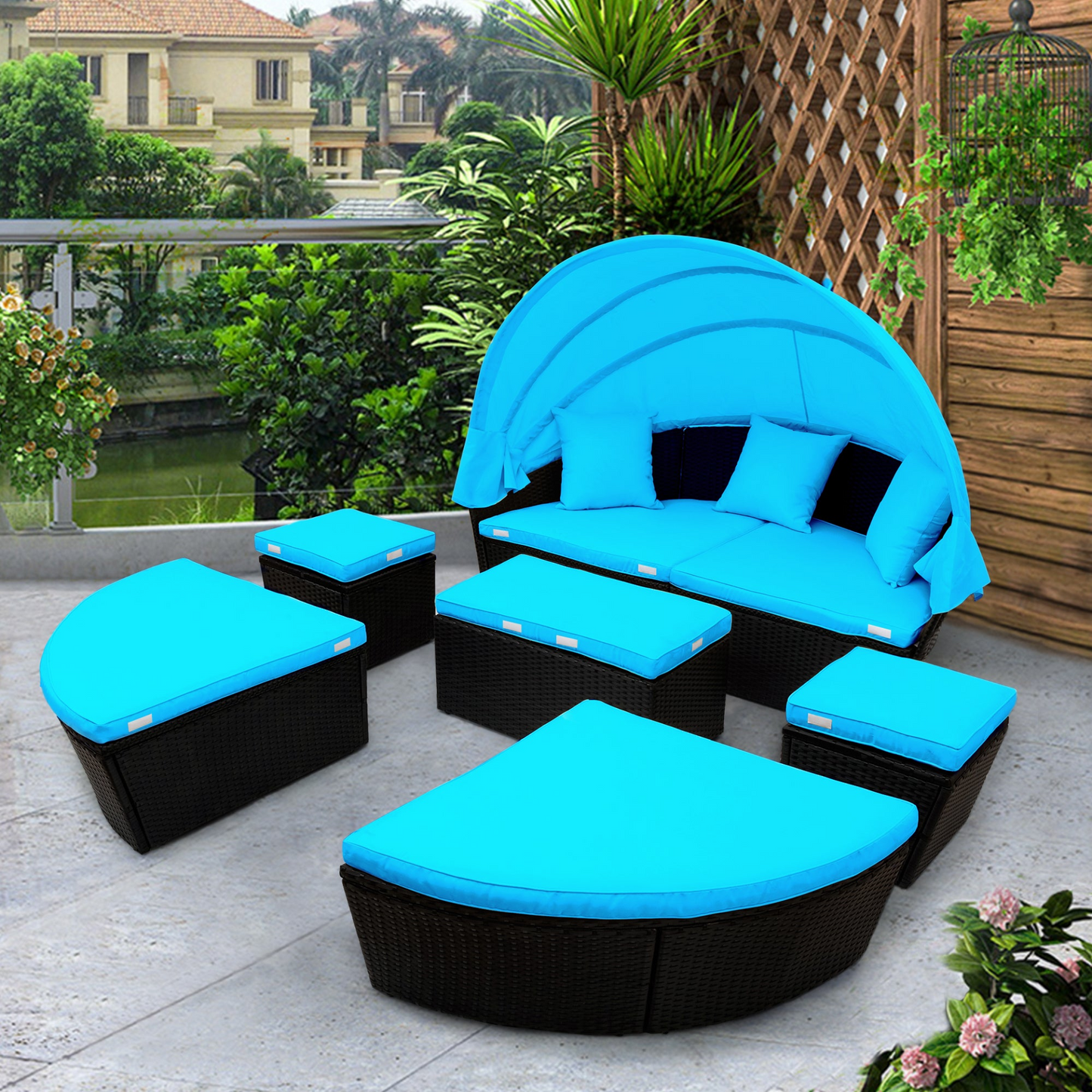 TOPMAX Outdoor Rattan Daybed Sunbed with Canopy, Round Sectional Sofa Set (Blue)