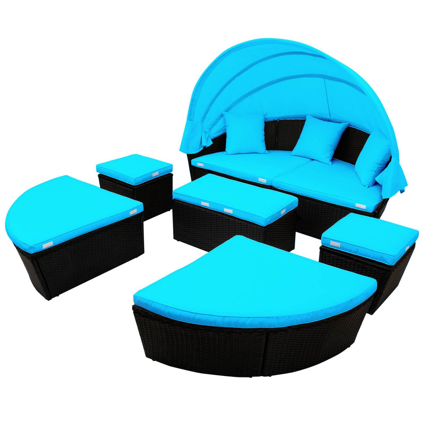 TOPMAX Outdoor Rattan Daybed Sunbed with Canopy, Round Sectional Sofa Set (Blue)