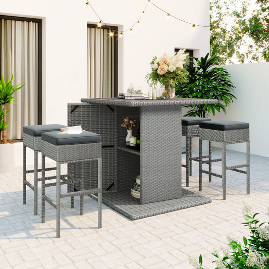 TOPMAX 5-Piece Rattan Dining Table Set with Storage Shelf (Gray)