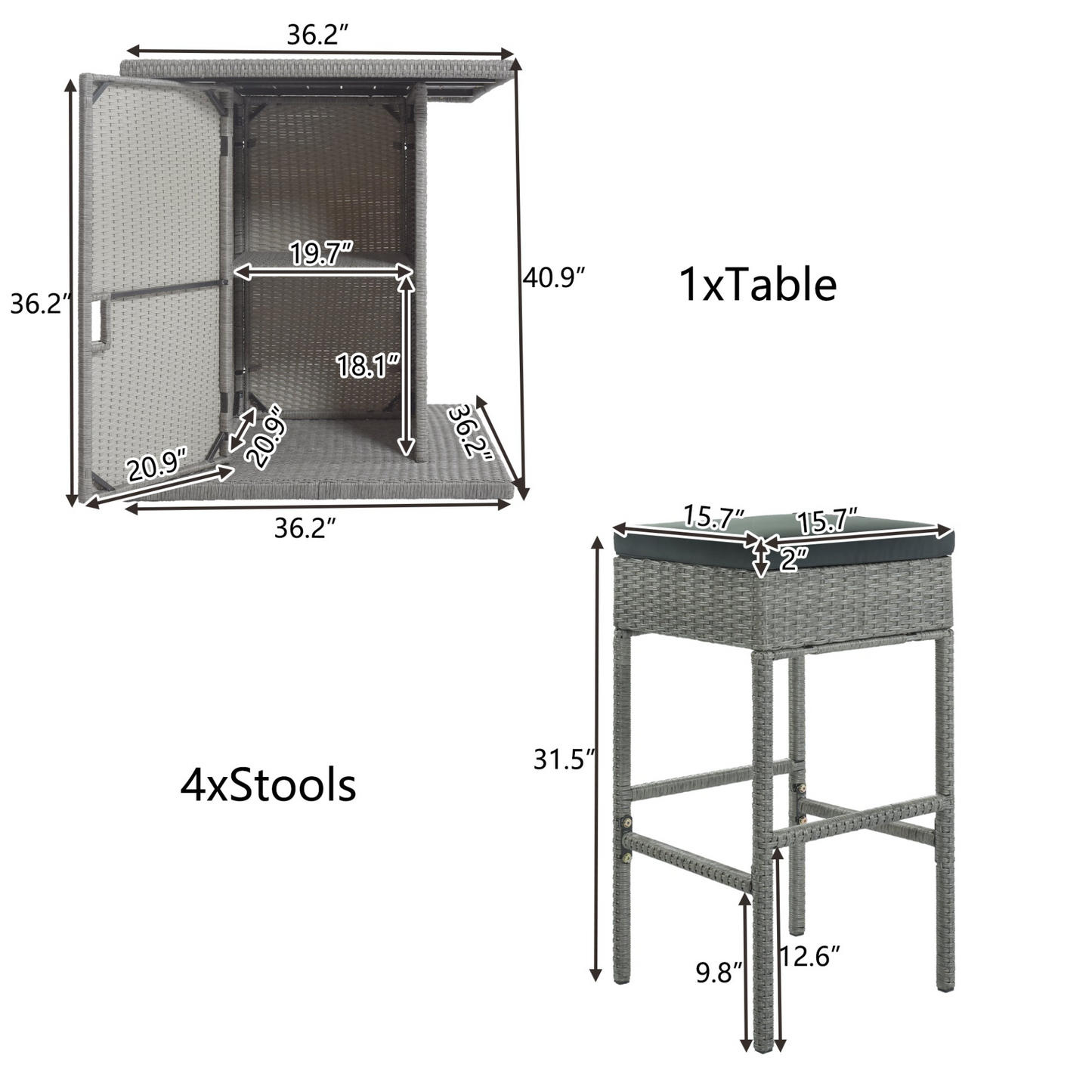 TOPMAX 5-Piece Rattan Dining Table Set with Storage Shelf (Gray)