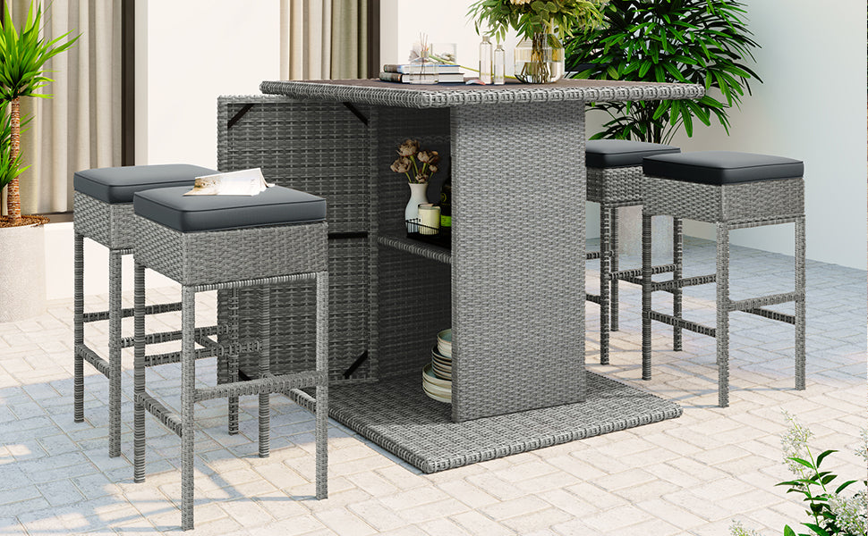 TOPMAX 5-Piece Rattan Dining Table Set with Storage Shelf (Gray)