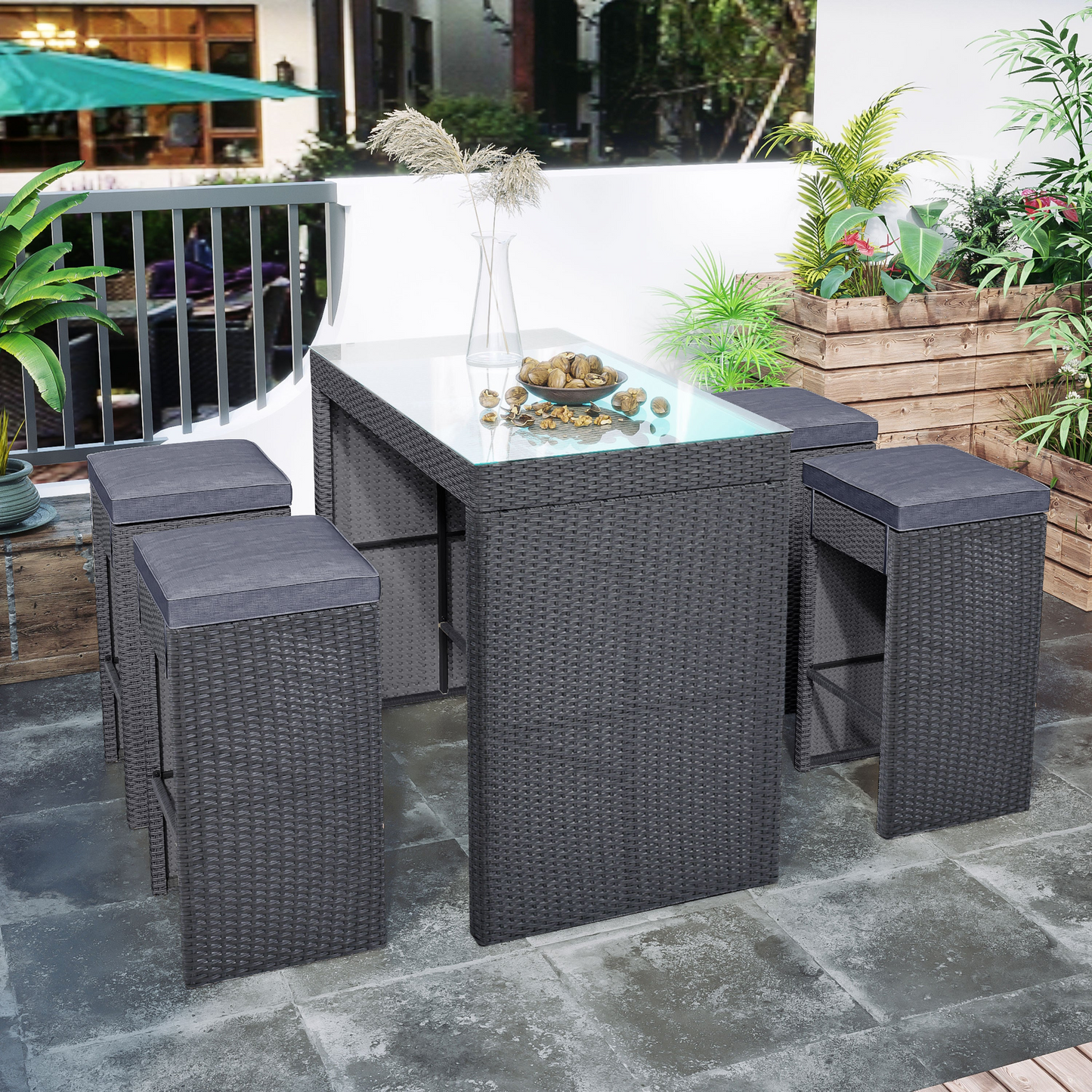 TOPMAX 5-Piece Rattan Patio Furniture Set with Bar Dining Table (Gray)