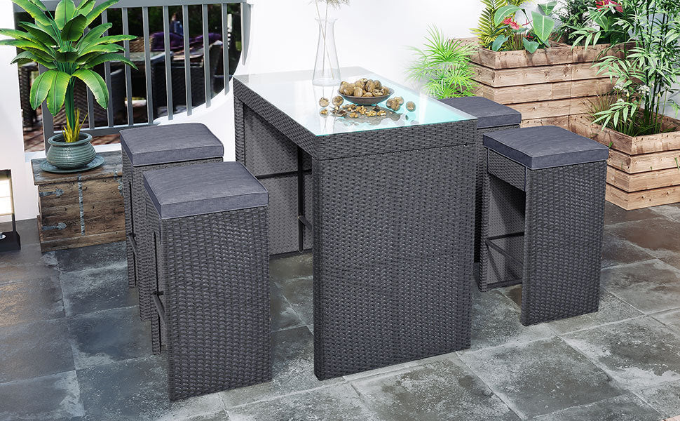 TOPMAX 5-Piece Rattan Patio Furniture Set with Bar Dining Table (Gray)