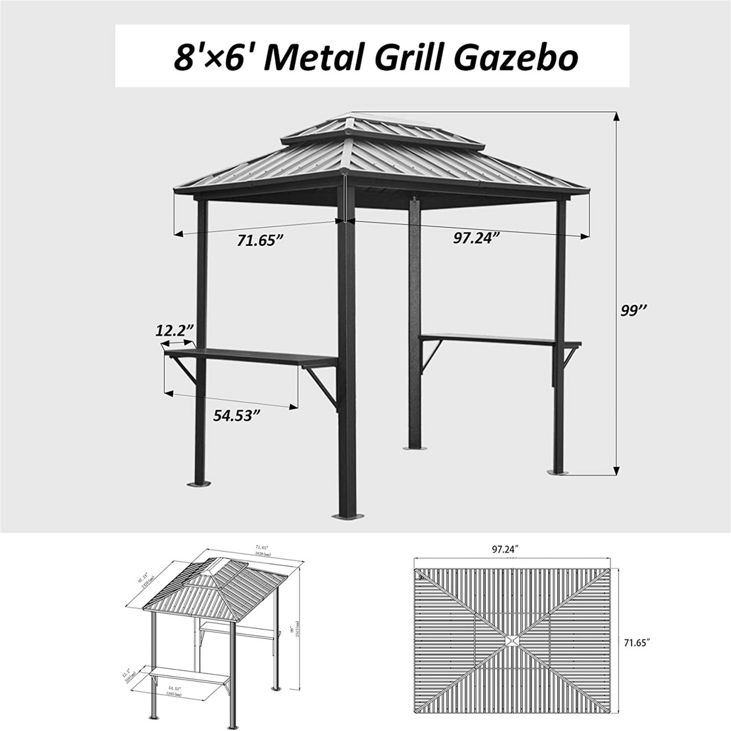 TOPMAX 8' × 6' Aluminum Grill Gazebo with Shelves (Grey)