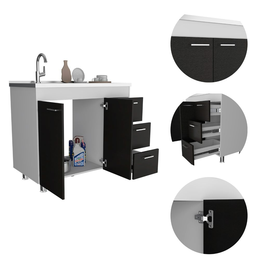 Utility Sink  Kisco, Three Drawers, Double Door, White / Black Wengue Finish