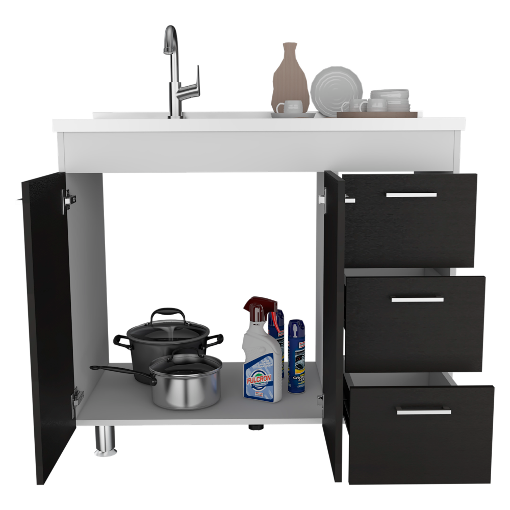 Utility Sink  Kisco, Three Drawers, Double Door, White / Black Wengue Finish