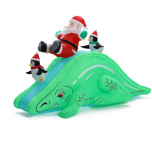 Santa and Penguins Trio Sliding on a Dinosaur Inflatable Holiday Decoration