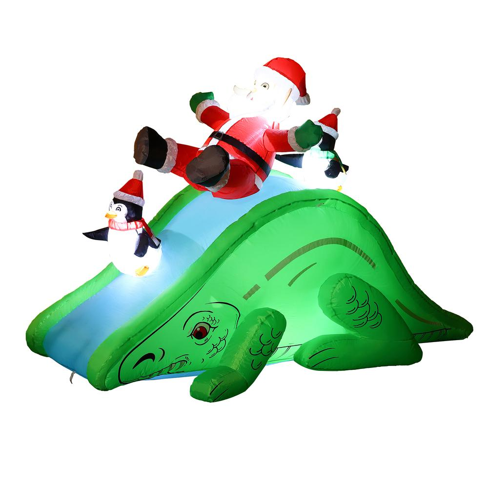 Santa and Penguins Trio Sliding on a Dinosaur Inflatable Holiday Decoration