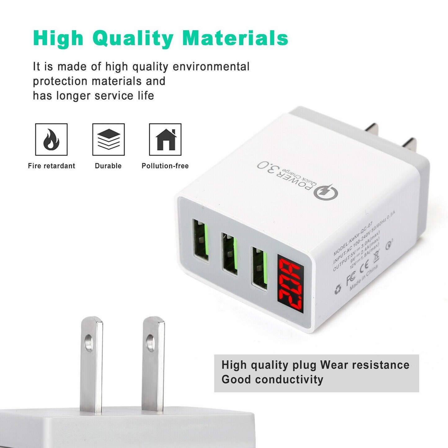 QC3.0 Multi-Port Universal Wall Charger and 10FT XL Charger Compatible for Iphone Cable Combo